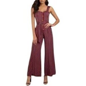Free People City Girl Striped Red & Blue Wide-Leg Jumpsuit Button-Front Size 2